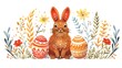 Easter Bunny Folklore: Minimalistic Flat Illustration with Floral Decorations
