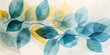 Arrangements of soft blue-yellow leaves on white background.