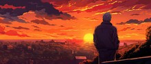 An Elderly Artist Outdoors Captures The Vibrant Hues Of A Sunset On Canvas A Passerby Pausing To Admire The Work In Progress Anime 