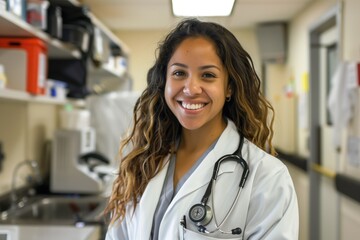 Wall Mural - Photo of young woman doctor smiling for the camera. Job, profession, heathcare