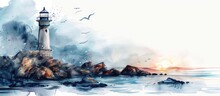 Hand Drawn Illustration Seascape With Rocks And Lighthouse Watercolor Style. Generated AI Image