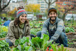 A young people smiles as they harvest fresh vegetables from a community garden plot in the heart of a vibrant city park.