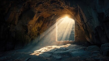 Wall Mural - Resurrection of Jesus Christ. Religious Easter background, with strong light rays shining through the entrance into the empty stone tomb. Artistic strong vignette, contrast, dramatic dark-light edit