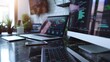 StartUp Programming Team. Website designer working digital tablet dock keyboard and computer laptop with smart phone and compact server on marble desk,filter film effect