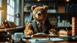 An engaging bear caricature dressed in workplace fashion, combining the seriousness of business with playful creativity, well-suited for adorning office areas.
