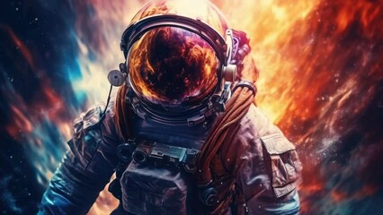 Poster - Astronaut in space suit with galaxy background, suitable for science and technology concepts.