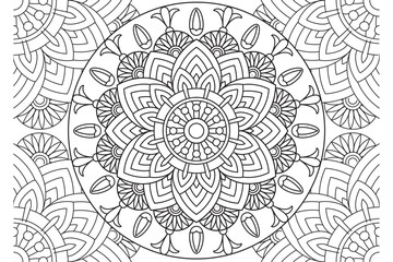 Wall Mural - Mandala Coloring page for kids and adults Page for relaxation and meditation. Circular pattern. Decorative ornament ethnic oriental style. line art drawing coloring page. Vector 