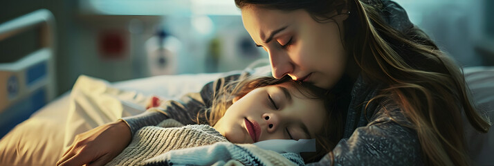 Mother consoles her sick daughter at the hospital recovering daughter and hugs her mother with love in the hospital