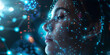 Futuristic visualization of artificial intelligence and machine learning systems | Close-up of a woman's face overlaid with a mesh of data points, illustrating the integration of human with technology