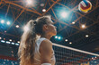 Female professional volleyball players on grand court in hilights