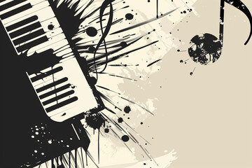 grungy monochrome abstract with piano keys and ink splatters