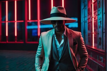 Model man in fashion suit with big hat on head, and sunglasses; studio shot, outdoor portrait isolated against neon background, stylish modern male clothes.