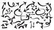 Doodle arrows. Hand drawn line pointers, pencil sketch elements, round curly wavy direction arrows. Vector linear black arrow set