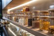 Well-organized pantry shelves with clear jars of various dry foods, reflecting an orderly kitchen space