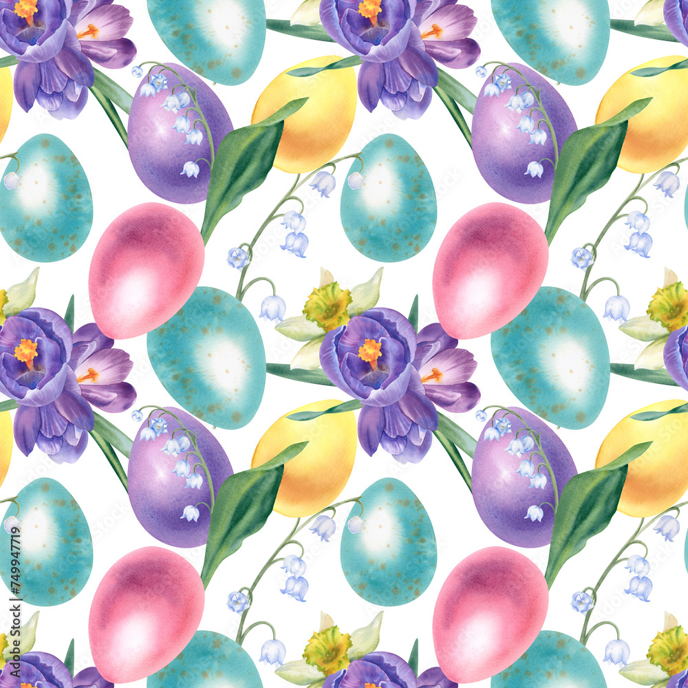 The watercolor pattern consists of Easter eggs and spring flowers ...