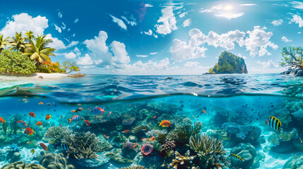 An immersive 3D panoramic view of a tropical beach with crystalclear water coral reefs visible beneath the surface and a vibrant marine life ecosystem