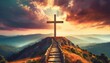 holy cross symbolizing the death and resurrection of jesus christ with the sky over golgotha hill is shrouded in light and clouds apocalypse concept