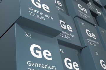 Wall Mural - Germanium, 3D rendering background of cubes of symbols of the elements of the periodic table, atomic number, atomic weight, name and symbol. Education, science and technology. 3D illustration