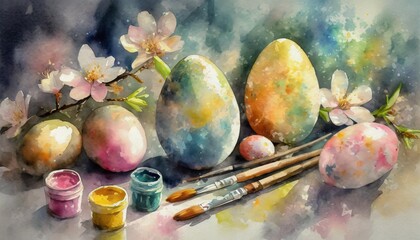 Wall Mural - easter egg painting scene with an array of decorated eggs watercolor paints brushes and spring blooms on a watercolor stained background