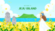 Welcome to Jeju Island poster Vector illustration. Woman watching beautiful Jeju landscape