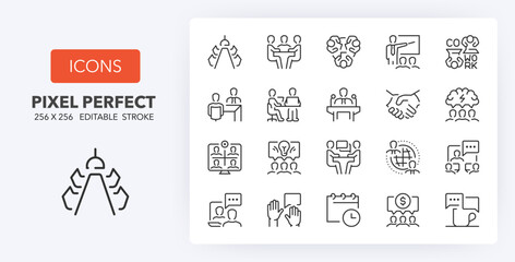 meeting, thin line icon set. outline symbol collection. editable vector stroke. 256x256 pixel perfec