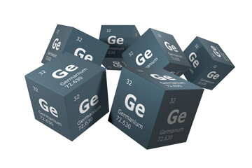 Wall Mural - Germanium, 3D rendering of symbols of the elements of the periodic table, atomic number, atomic weight, name and symbol. Education, science and technology. 3D illustration