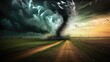 A huge tornado over an agricultural field. Disaster and threat of crop loss. Global climate change. The chaos and destruction caused by a tornado's rampage.