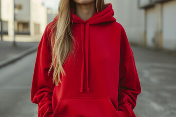 Wall Mural - A red hoodie on a simple, solid background. Hoodie mockup. Ghost mannequin