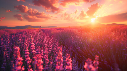 Wall Mural - beautiful lavender fields in the summer sunset