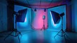Colorful photo studio setup with lighting equipment - A professional photo studio vibrant lighting gear and modifiers put in place for a photo shoot