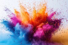 A vibrant explosion of colored powder against a white background, symbolizing energy, creativity, and celebration.