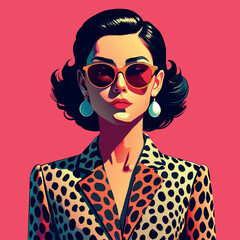 Sticker - a woman full body in a leopard print shirt and sunglasses clip art pink face dressed in expensive clothes