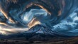 Capture the dynamic movement of clouds swirling around a mountain peak
