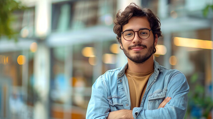 Portrait of a successful young male designer, engineer standing outside an office center, crossing his arms crossed. Successful  man standing outside office building with arms crossed.