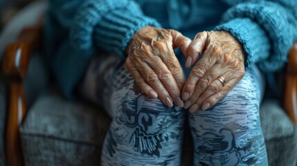 Knee pain, joint inflammation, bone fracture, woman suffering from osteoarthritis, leg injury. A old woman sits on chair with both hands supporting her aching knee