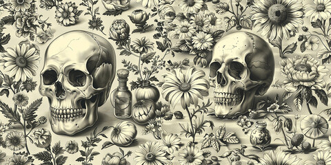 Wall Mural - Monochrome sepia illustration with human skulls