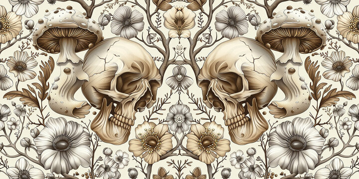 Monochrome sepia illustration with human skulls