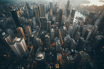 Wall Mural - Breathtaking aerial view of a city at dusk, with the glow of sunset on skyscrapers