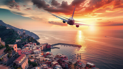 Wall Mural - Airplane flying over city situated next to ocean. City skyline, ocean waves, and aircraft in motion are prominently featured in this scene