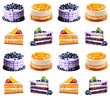 Blueberry cake and peach cake on white background isolated. Blue yellow colors. Sealess pattern AI graphic.