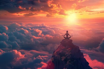 Wall Mural - Vibrant and energetic woman practicing yoga on a mountain peak during a beautiful sunset