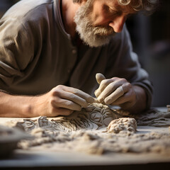 Wall Mural - A close-up of a sculptor carving a piece of stone.