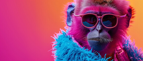 Wall Mural - Stylish Monkey with Pink Sunglasses on Gradient Background