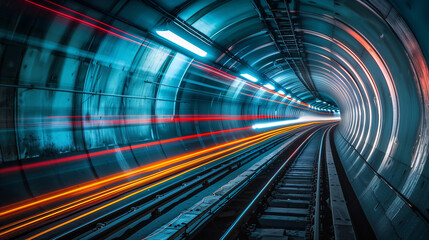 Poster - high speed light trails motion effect in a subway tunnel, futuristic cyber tech wallpaper or background 