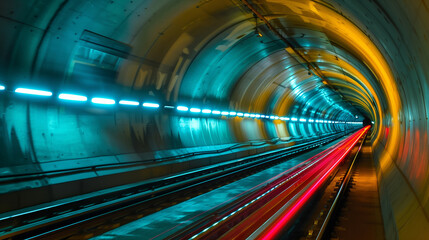 Poster - high speed light trails motion effect in a subway tunnel, futuristic cyber tech wallpaper or background 