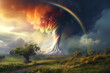 natural disaster tornado, rainbow colored, in the countryside