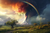 Fototapeta Przestrzenne - natural disaster tornado, rainbow colored, in the countryside
