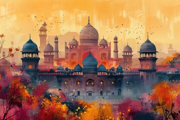 Wall Mural - ramadan decoration and islamic watercolour  greeting card background with a mosque landscape