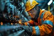An industrial worker in a high-visibility jacket is deeply focused on performing intricate welding work on machinery, surrounded by sparks