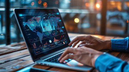 Poster - A person working on a laptop at a desk with hands typing on the keyboard, business, work, office concept.